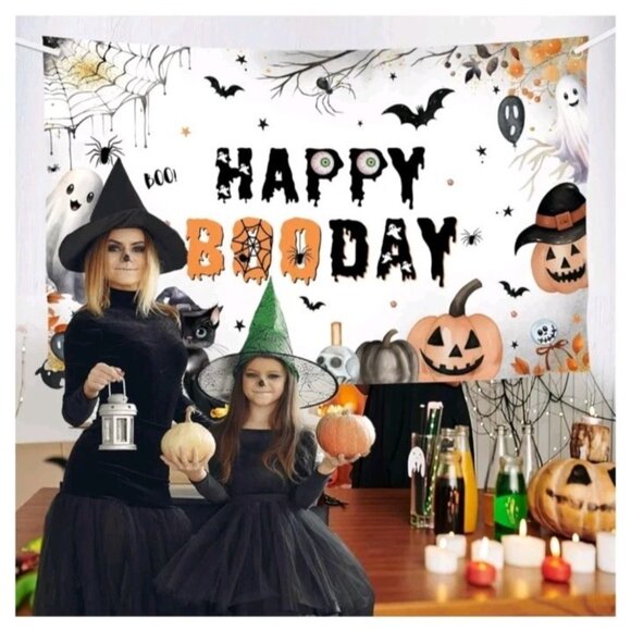 MEHOFOND Happy Booday Party Backdrop, Halloween Ghost Happy Birthday Party Decor - Picture 4 of 6